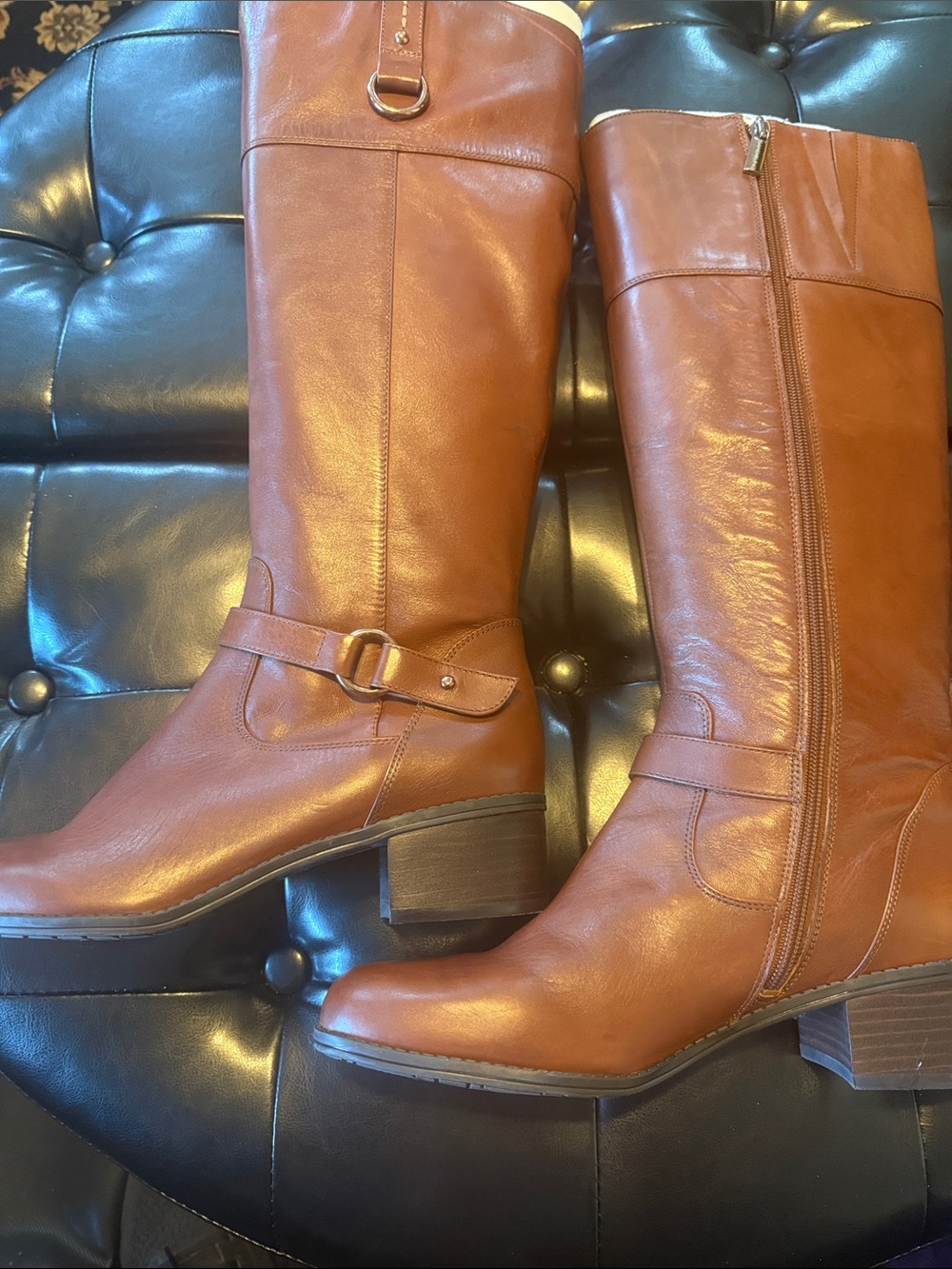 Bandolino Cognac Leather Knee Boots with Ankle Buckle